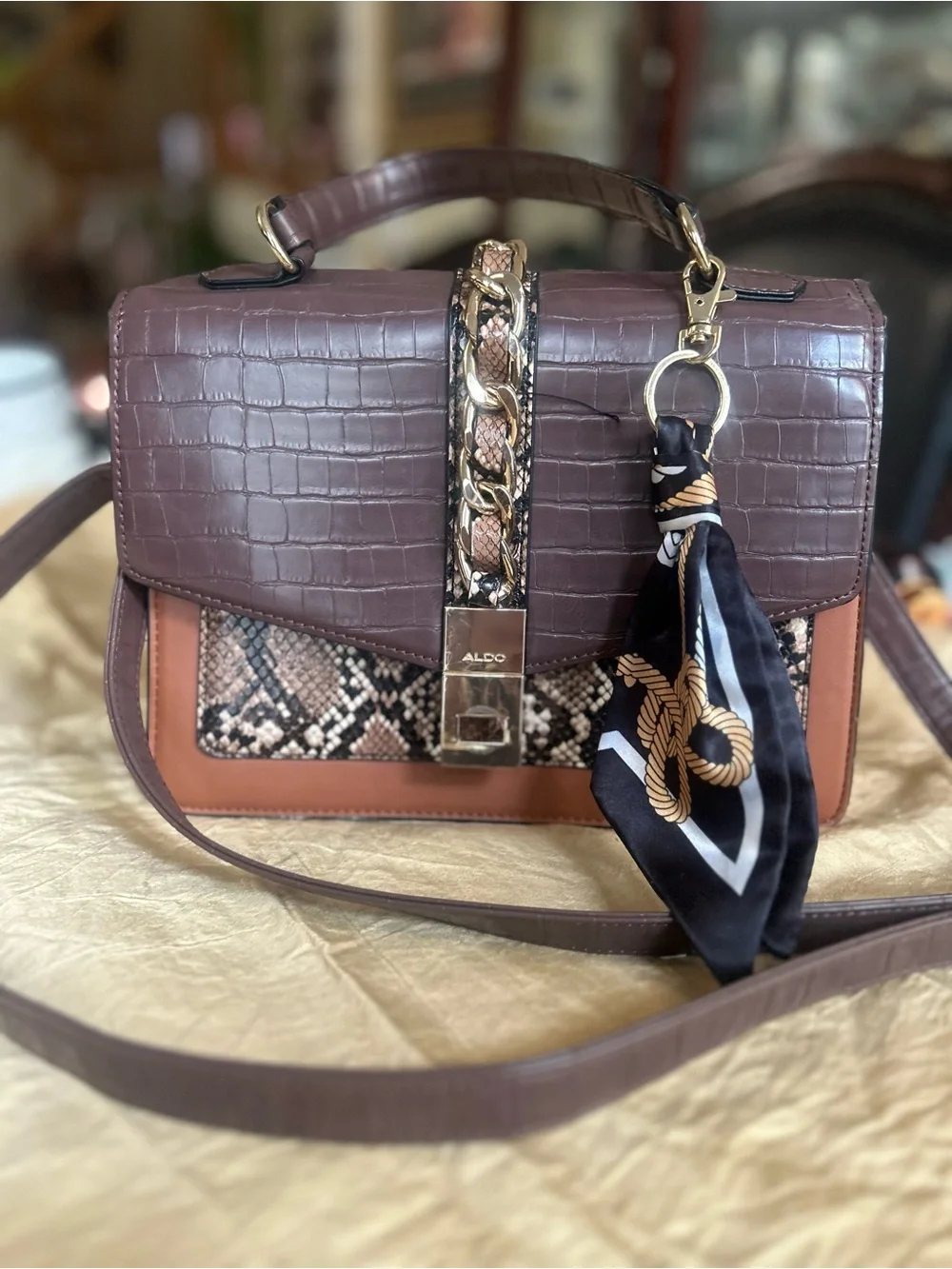 ALDO Brown & Tan Croc-Embossed Satchel with Snake-Print Accent